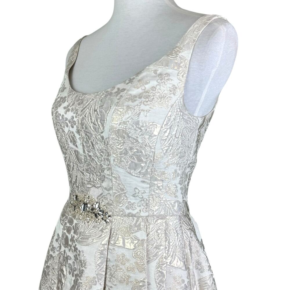 Betsy & Adam Silver Metallic Floral Jacquard Embellished High Low Wedding Gown - Picture 5 of 14
